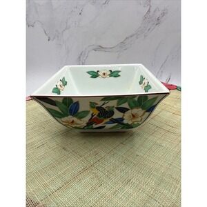 Princess House Hand Painted Porcelain Square Bowl Birds Flowers Hong Kong 4.5"